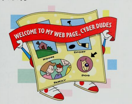 Illustrated web page with sneakers and arms, holding a banner that reads "Welcome to my web page, cyber dudes"