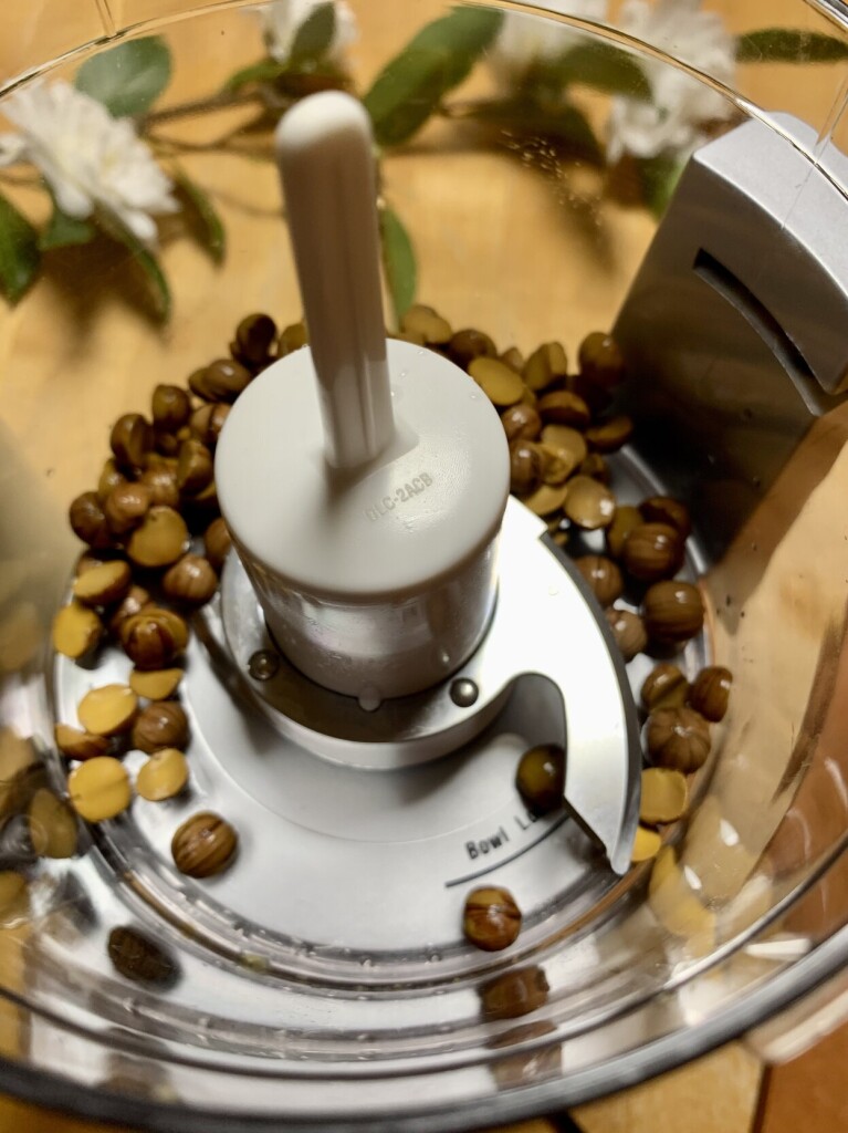 Image shows acorns in a blender. I recommend using a blender to chop them up first before mashing.