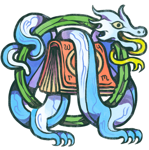 A blueish wyrm crawling around the green circle of life. It has an orange book with another circle of life. It looks awesome.