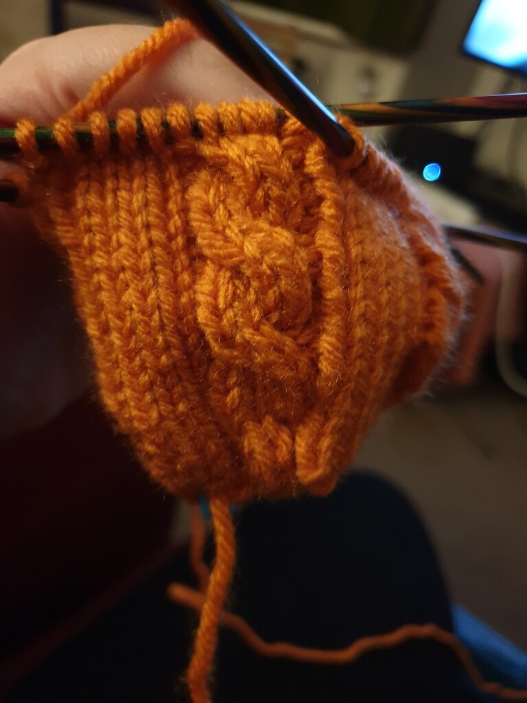 a piece of orange knitting with cabling