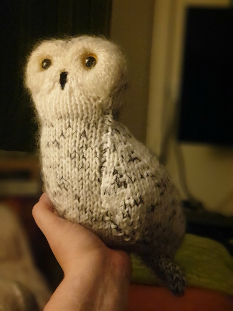 i am holding up a knitted white snowy owl