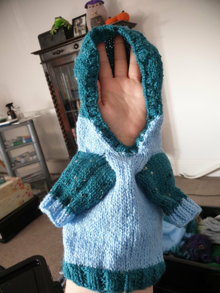 a cat-sized knitted hoodie on my arm. it has a pale blue body with dark teal accents, like the sleeves and the hood