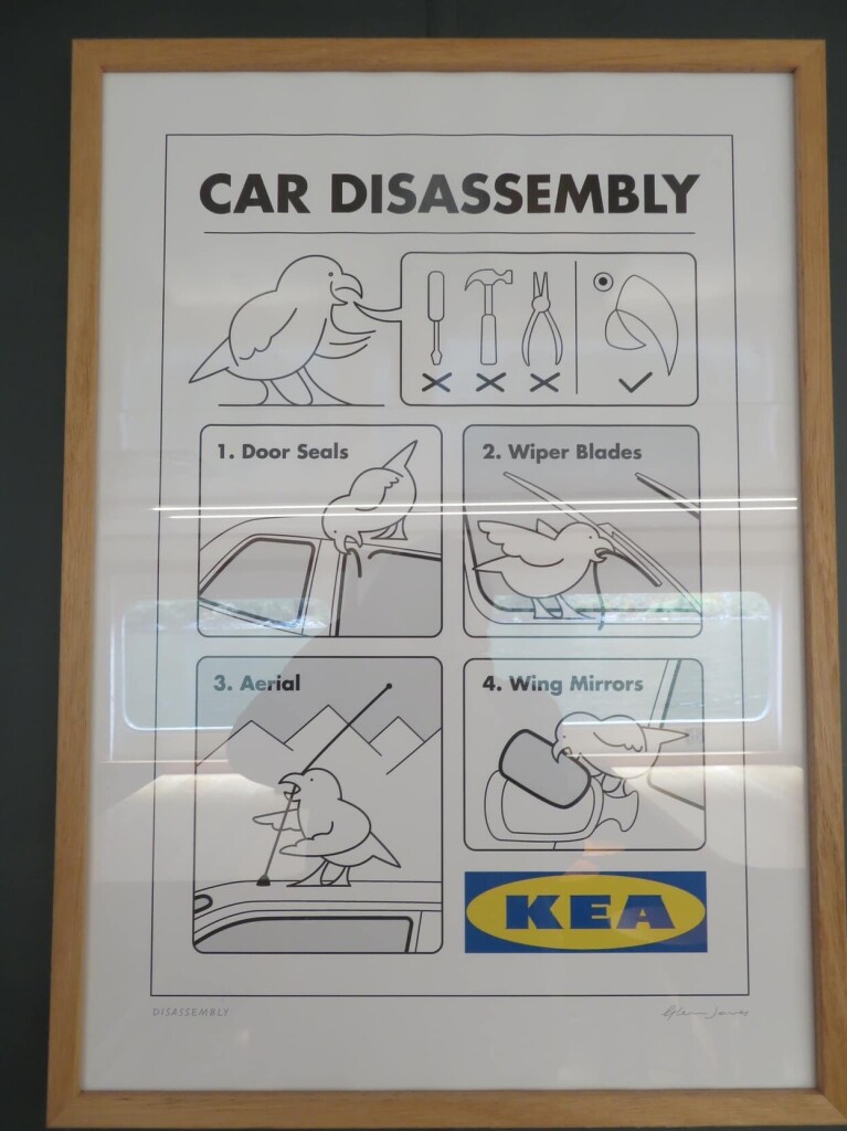 Instructions for a bird called a Kea to disassemble a vehicle presented in the style of assembly instructions for Ikea furniture.