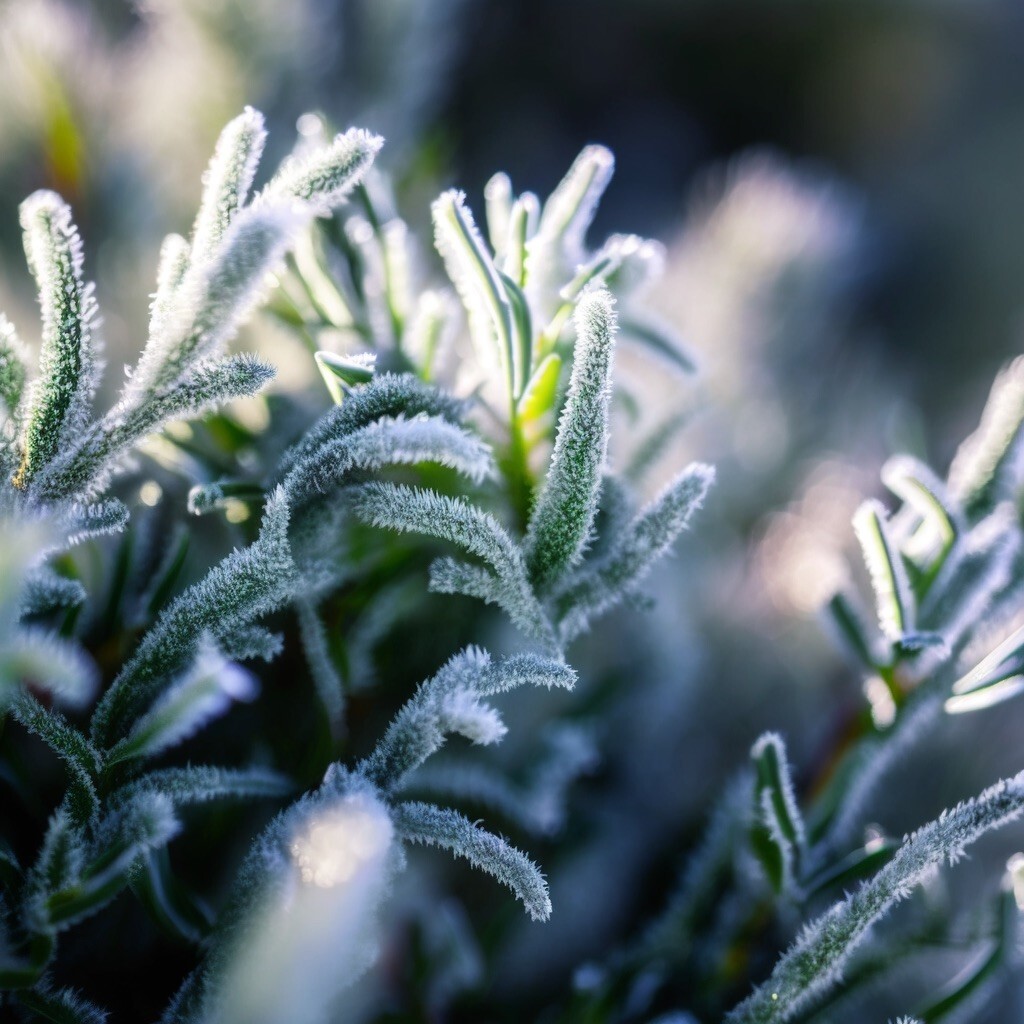 A rosemary plant in heaven frost with sun shining through the leaves