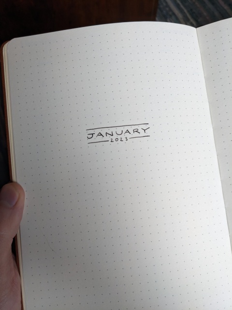 "January 2023" handwritten in the middle of a dot-grid journal page