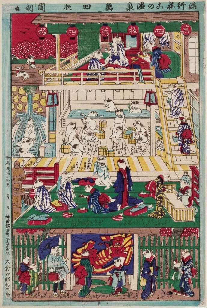 A print depicting multiple levels of a hot spring and bathhouse populated with cats.