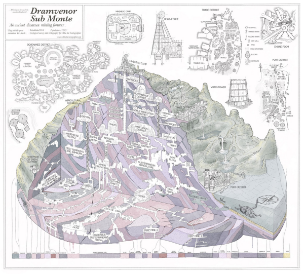 Technical schematic of a mountain cross section showing exposed rock strata and a network of tunnels that forms an underground city for a clan of dwarves.