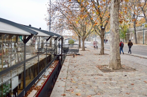 Pedestrians walk on a car-free street on the banks of the River Seine in Paris. It is lined with boats and trees.